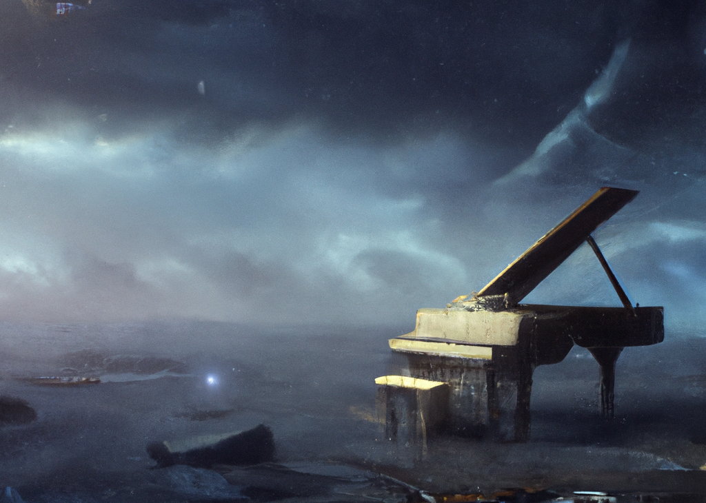 DALL·E - a piano in the middle of a storm on the surface of planet jupiter