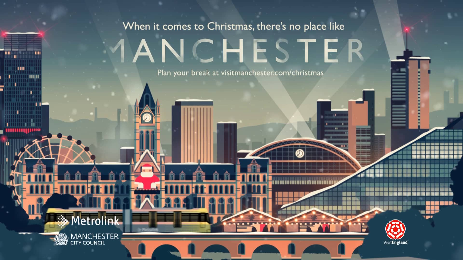 Advert for Manchester Christmas Markets showing a stylised view of Manchester